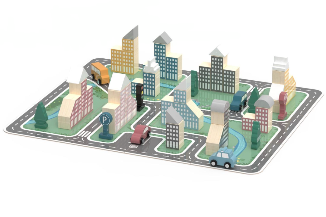 Model city with buildings and roads on a white background