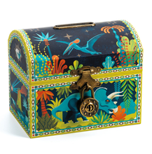 Load image into Gallery viewer, Djeco dinosaur themed money box with lock.