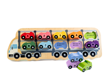 Load image into Gallery viewer, Kiddie Connect fun 1-10 puzzle with wooden cars and a truck frame