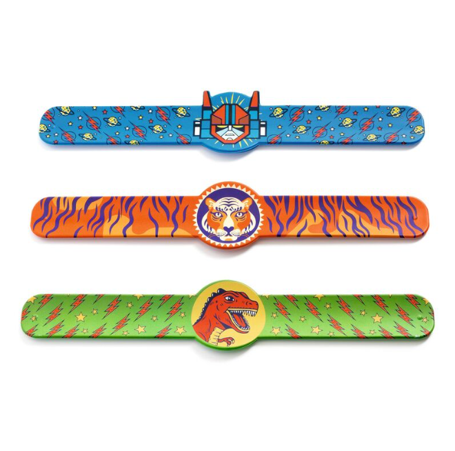 Djeco Three colorful slap bracelets with animal-themed designs on a white background