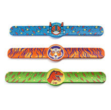 Load image into Gallery viewer, Djeco Three colorful slap bracelets with animal-themed designs on a white background