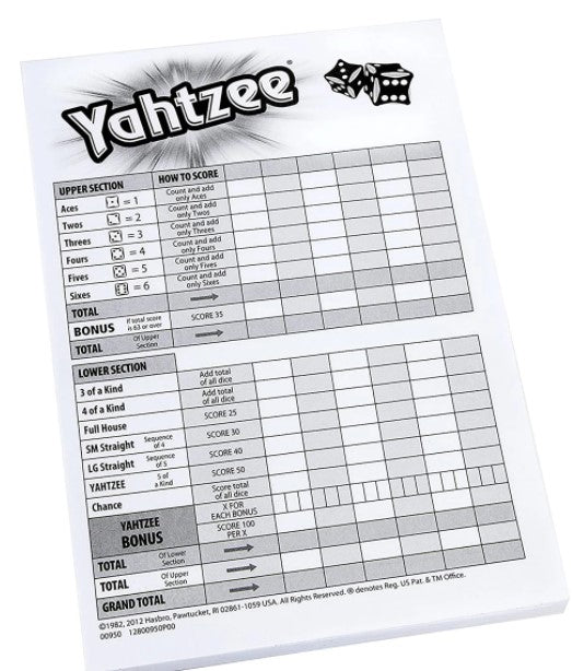 Yahtzee Score Pad Game