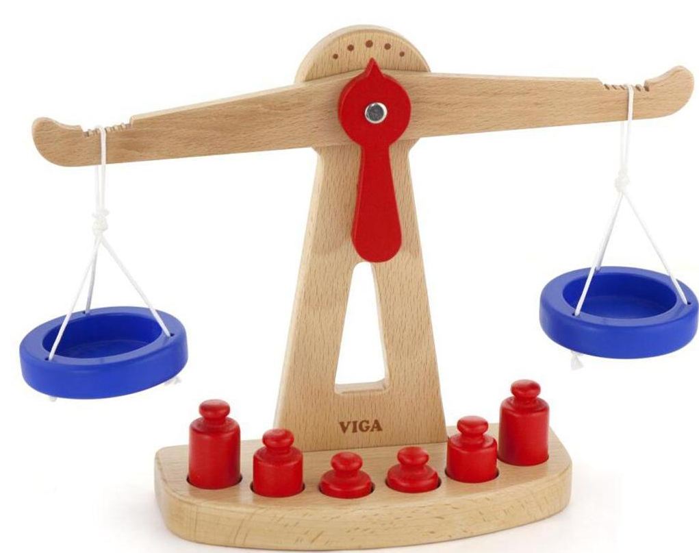 Wooden balance toy with red weights and blue hanging plates on a white background, Viga Branded