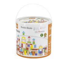 Load image into Gallery viewer, Container of wooden blocks with colorful building block illustrations on a white background

