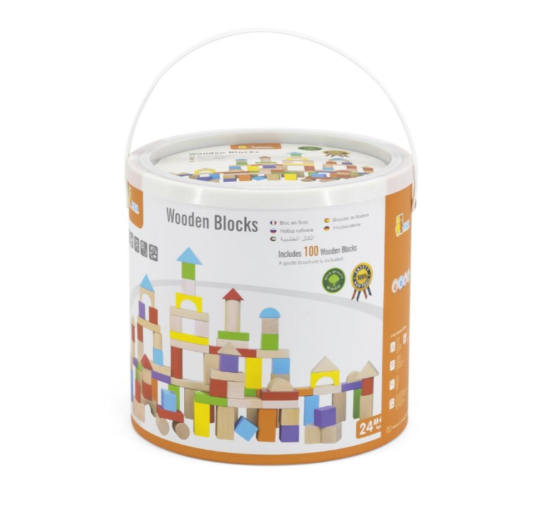 Container of wooden blocks with colorful building block illustrations on a white background