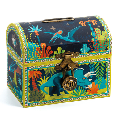 Djeco dinosaur themed money box with lock. 