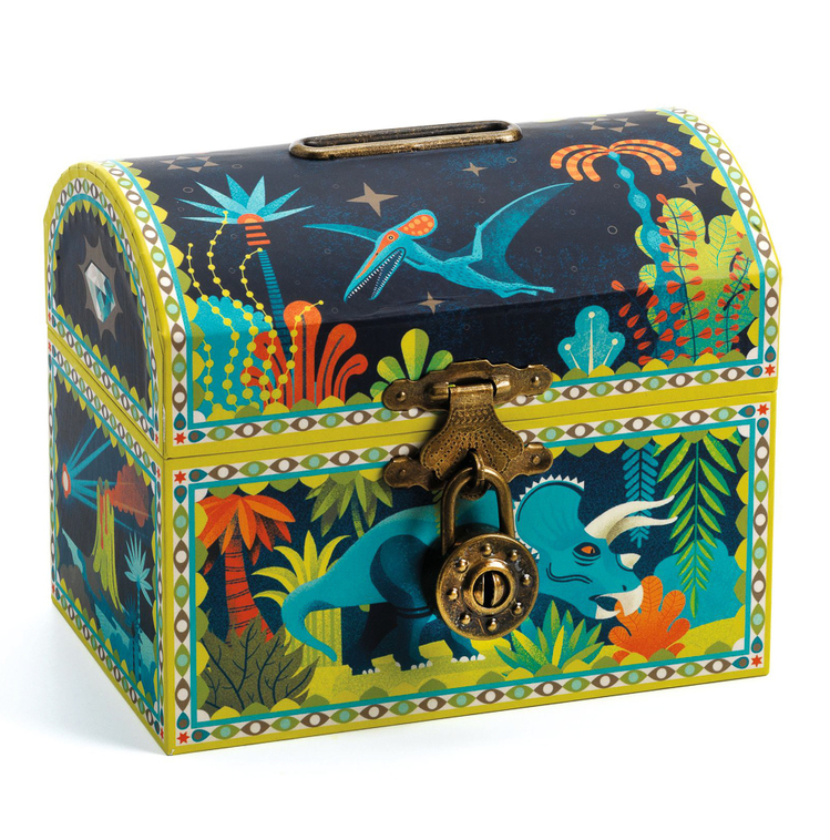 Djeco dinosaur themed money box with lock. 