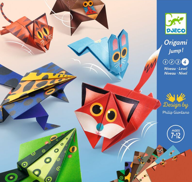 Origami jump kit with colorful animal models and Djeco branding on a blue background