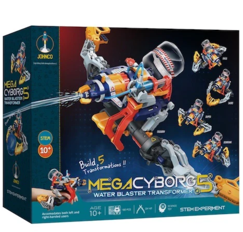 Box of Mega Cyborg 5 Water Blaster Transformer toy set with character illustrations on a blue background