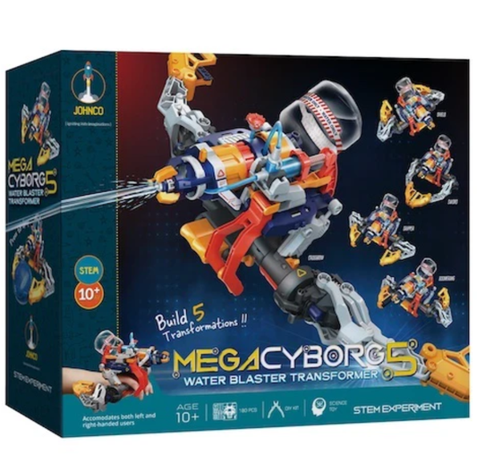 Box of Mega Cyborg 5 Water Blaster Transformer toy set with character illustrations on a blue background
