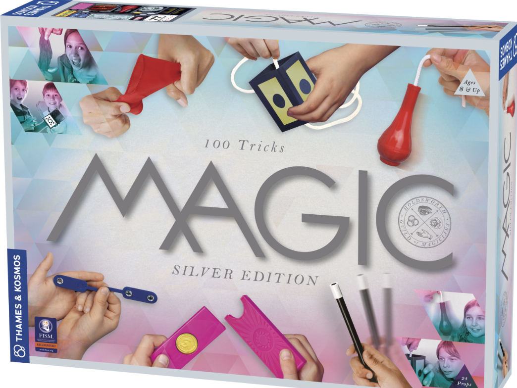 Box of 'Magic' 100 Tricks Silver Edition by Thames & Kosmos with images of hands performing magic tricks.