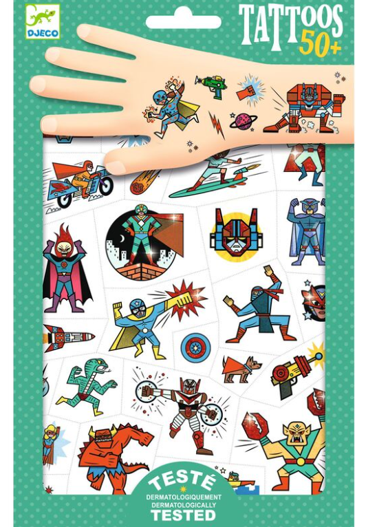 Djeco Temporary Tattoos Heroes Vs Villians 50pc Art and Craft