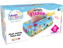 Load image into Gallery viewer, Sensory tissue box packaging with colorful design and text on a white background
