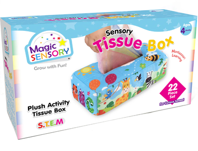Sensory tissue box packaging with colorful design and text on a white background
