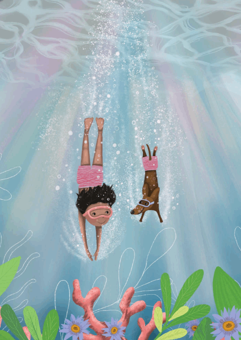 Birthday Card Diving Girl and Dog by Deb Hudson