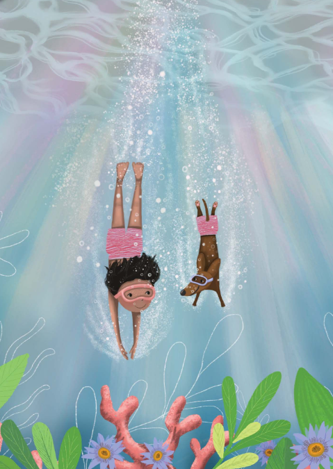 Birthday Card Diving Girl and Dog by Deb Hudson