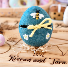 Load image into Gallery viewer, Tara Treasures Felt Egg Cover Blue with Bee Motif
