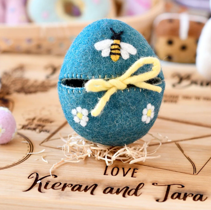 Tara Treasures Felt Egg Cover Blue with Bee Motif