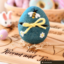 Load image into Gallery viewer, Tara Treasures Felt Egg Cover Blue with Bee Motif
