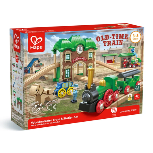 Hape Wooden Retro Train & Station Set