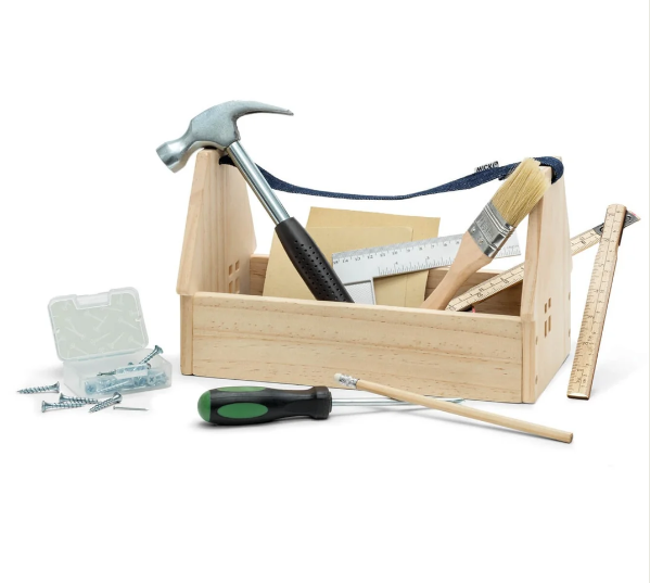 Micki Tool Wooden Tool Box with Real Tools and Accessories
