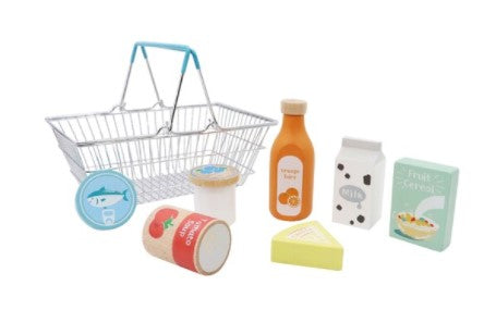 Wooden Groceries Playset with Metal Basket Pretend Food Play